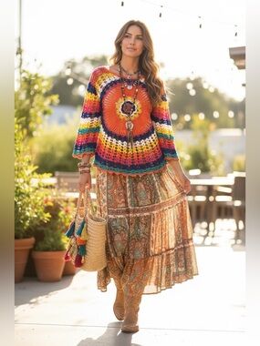 Hand Crochet Boho Hippie Chic Colorful Openwork Sunburst Pattern Top S/M